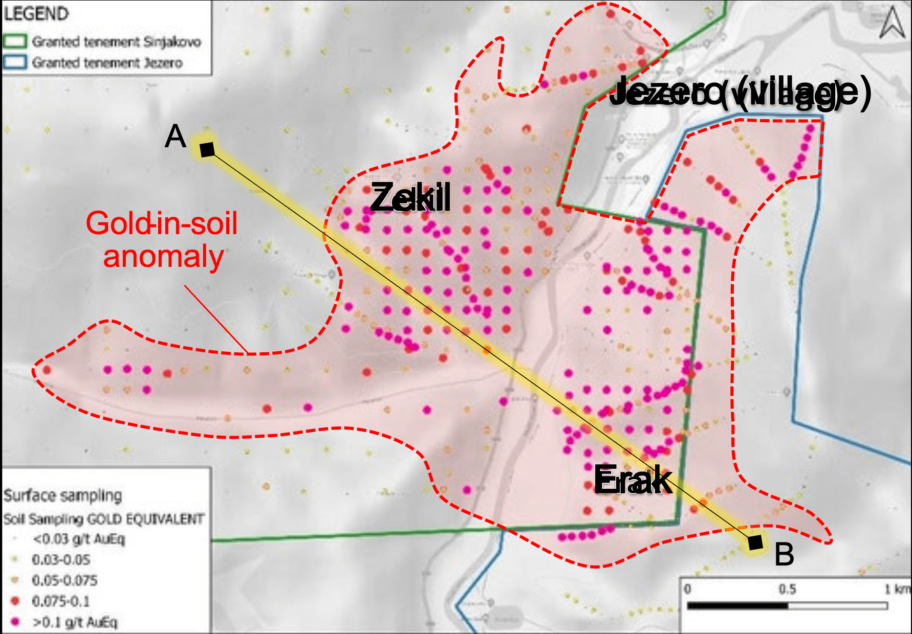 Sinjakovo 4km² gold-in-soil anomaly map